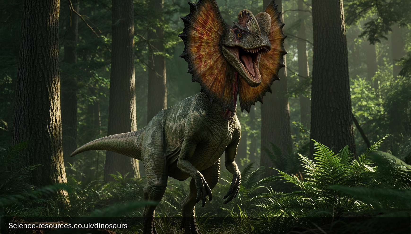 A realistic rendering of a Jurassic park / Jurassic World Dilophosaurus in a Prehistoric forest.